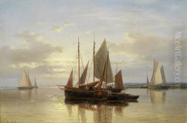 Fishing boats in calm water Oil Painting by Abraham Hulk Senior