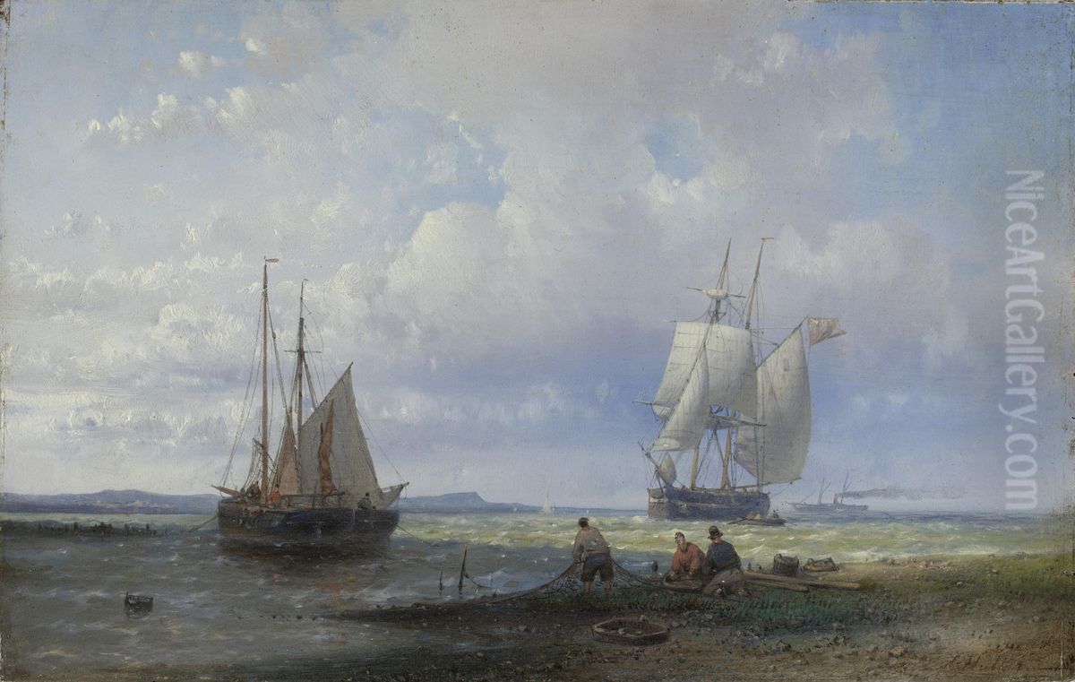 Fishermen mending their nets on the beach, a trading brig standing out to sea and a steamer beyond Oil Painting by Abraham Hulk Senior