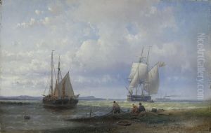 Fishermen mending their nets on the beach, a trading brig standing out to sea and a steamer beyond