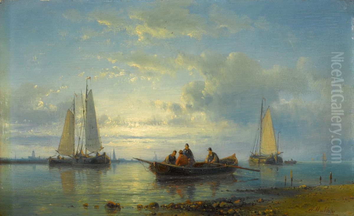 Fishing boats on a shore Oil Painting by Abraham Hulk Senior