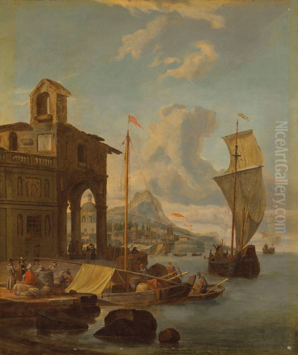 A Mediterranean harbour with figures loading cargo, a mountain beyond Oil Painting by Abraham Storck
