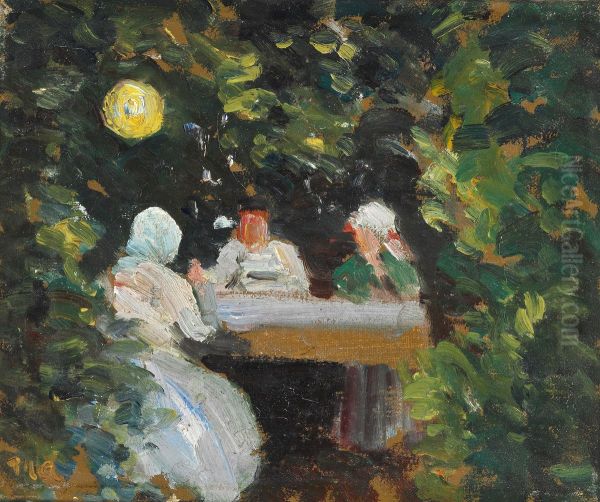 Komsammen i haven en sommeraften under lampen Oil Painting by Michael Peter Ancher