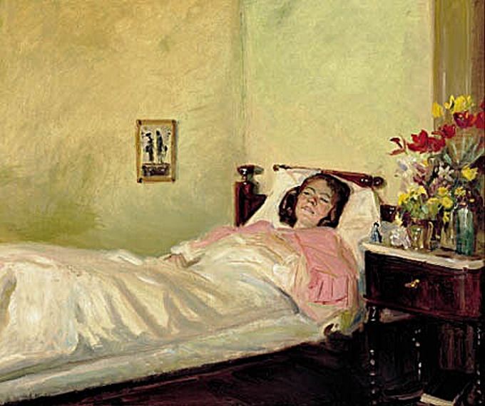 Interior with a young woman lying in bed. Oil Painting by Michael Peter Ancher