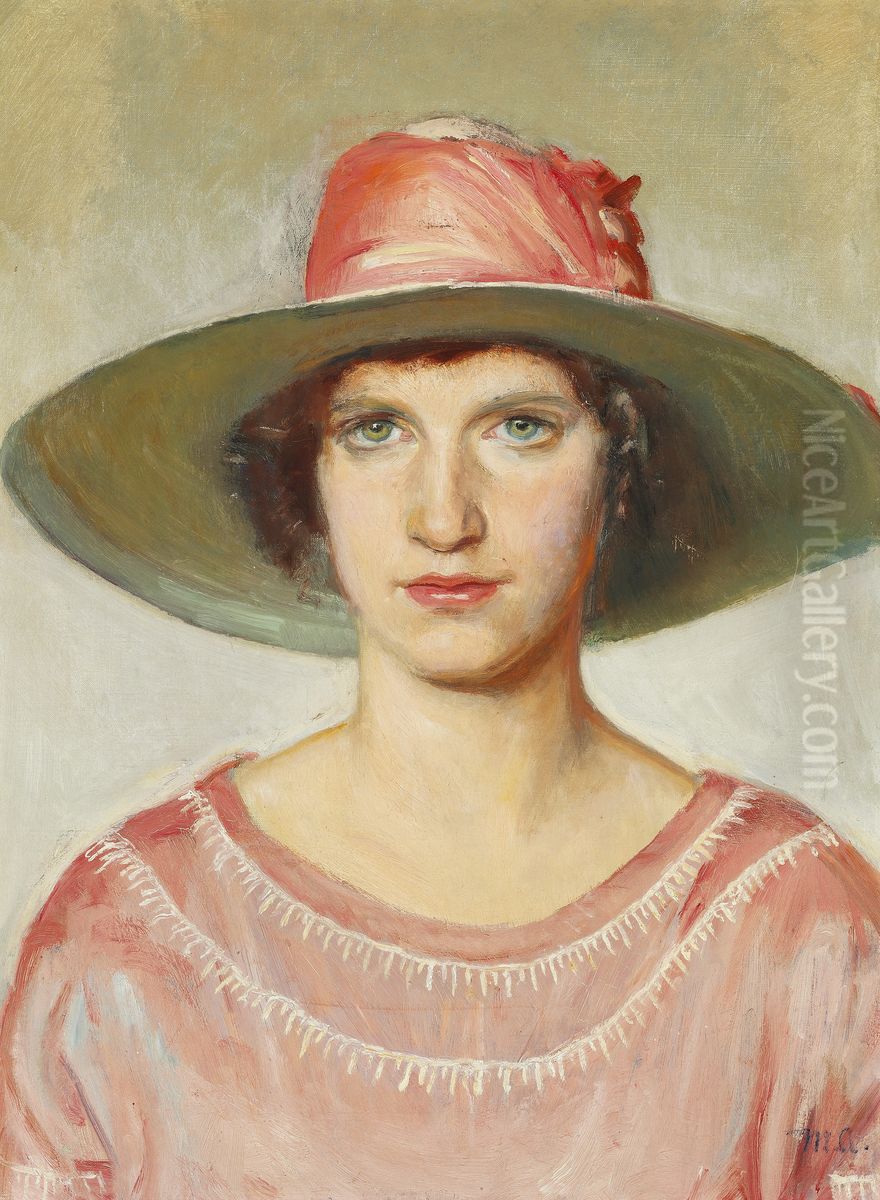 Portrait of a girl in a pink dress and a straw hat with a pink ribbon Oil Painting by Michael Peter Ancher