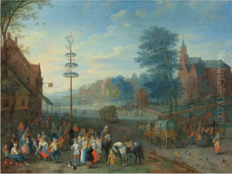 A village kermesse with figures dancing around a maypole Oil Painting by Joseph van Bredael