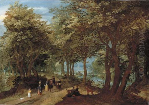 Boslandschap met een elegant gezelschap Oil Painting by Denis van Alsloot
