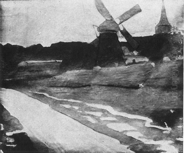 Landscape with windmill Oil Painting by Stanislaw Ignacy Witkiewicz