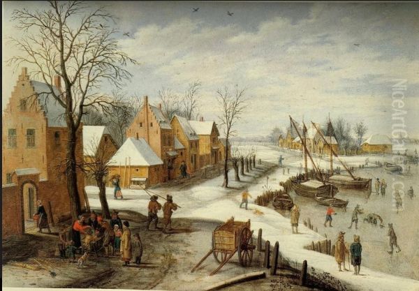 Winter landscape with a village on a frozen river Oil Painting by Izaak van Oosten