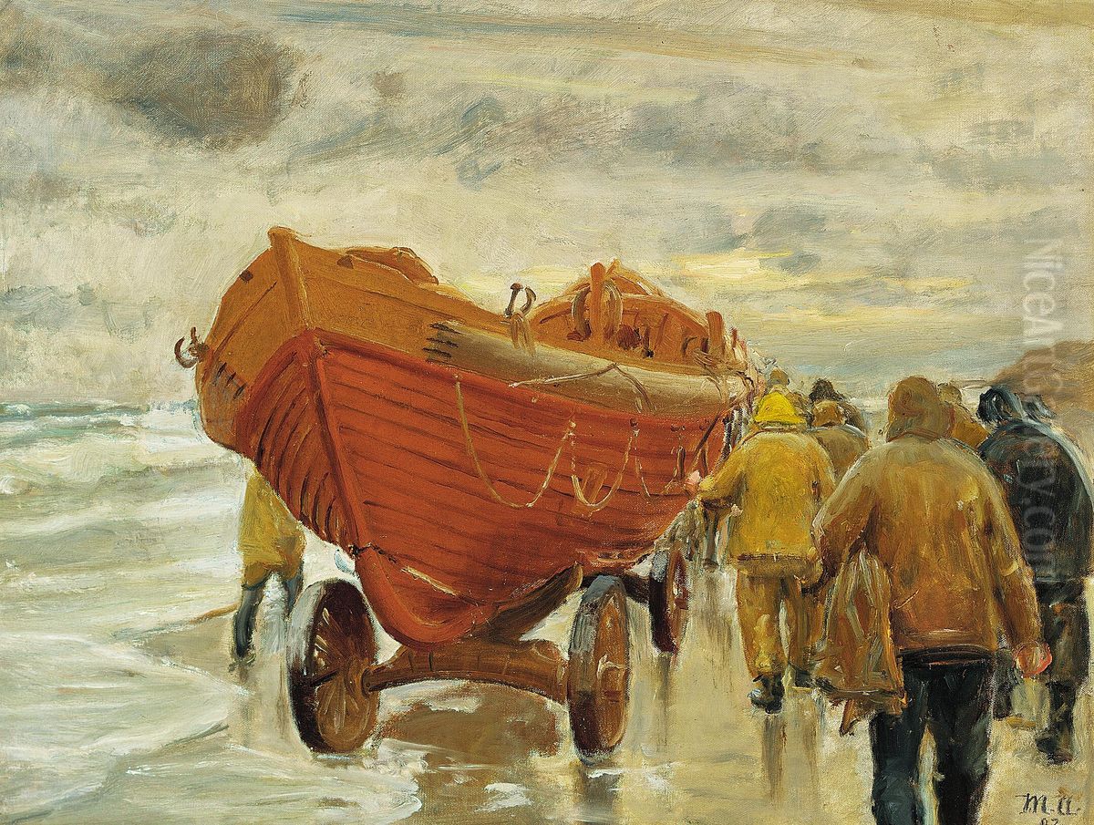 Fishermen pulling a lifeboat along the beach. Oil Painting by Michael Peter Ancher