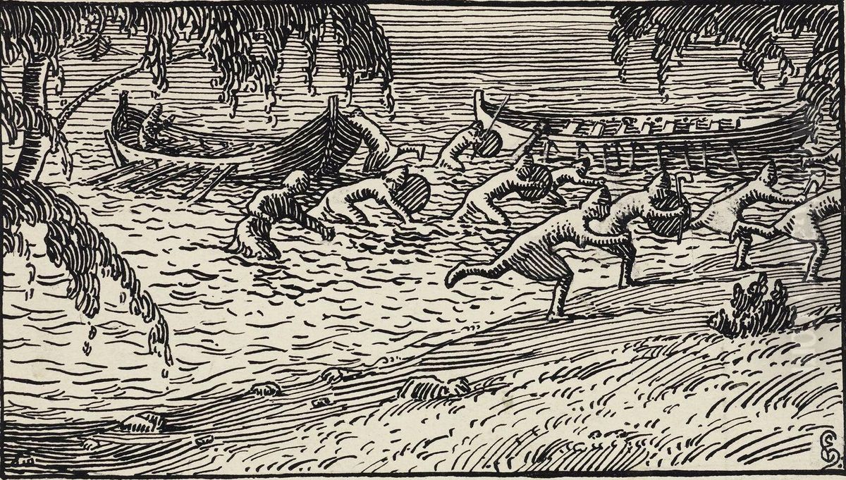 Roreks menn lop i land alle sammen, men Rorek satte seg opp i loftingen Oil Painting by Halfdan Egedius Roreks menn lop i land alle sammen, men Rorek satte seg opp i loftingen Oil Painting by Halfdan Egedius