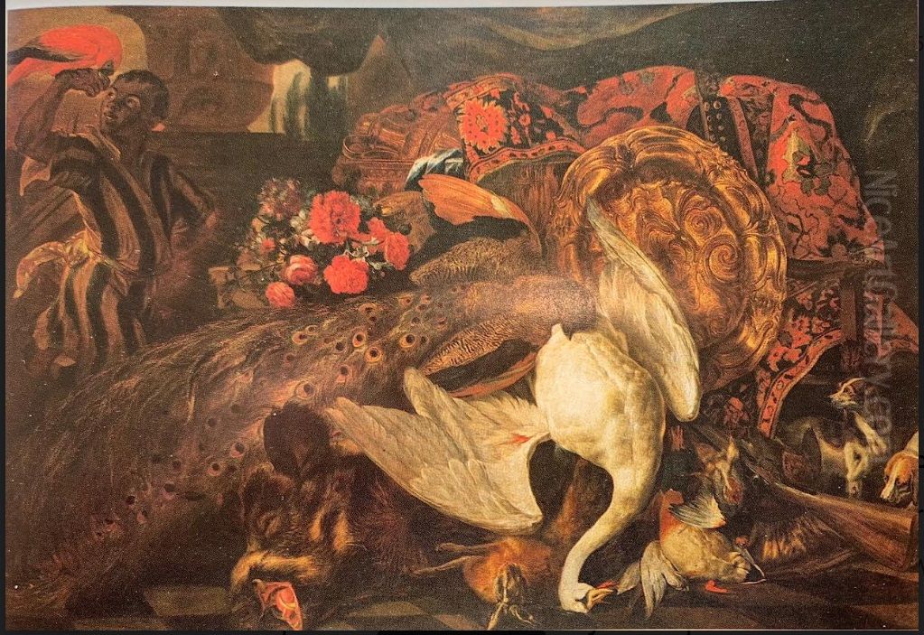 Game, flowers, silvergilt objects,  and a page Oil Painting by Jan Baptist Boel the Younger Game, flowers, silvergilt objects,  and a page Oil Painting by Jan Baptist Boel the Younger