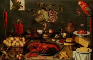 Still life with a lobster, glasswork, bread, cheese and parrots