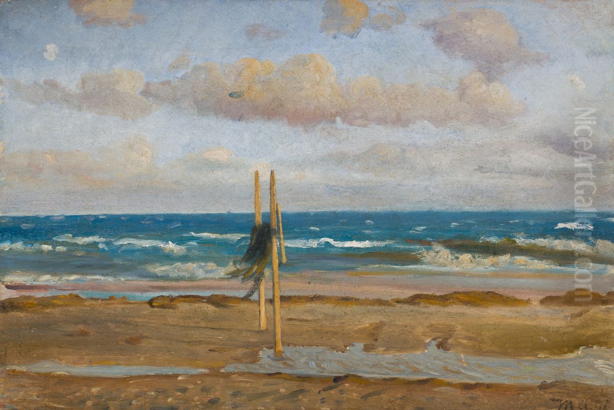 Strandstudie med garn ophaengt til torring. Oil Painting by Michael Peter Ancher