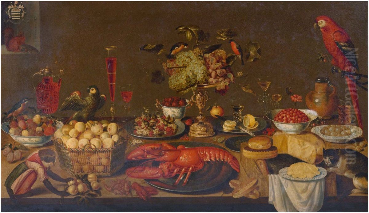 Large banquet still life with lobster, fruits, wine glasses, porcelain and pewter plates, birds, monkey, squirrel and cat Oil Painting by Artus Claessens