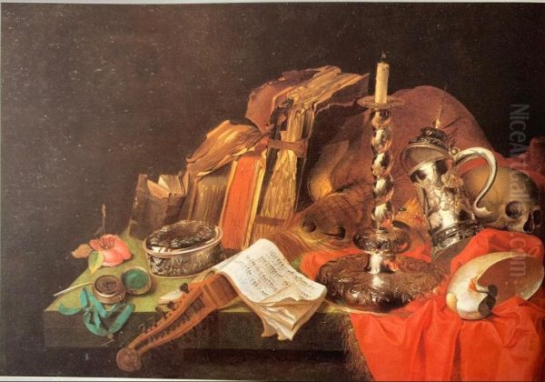 Vanitas still-life with books, skull, watch, writing utensils and silverware Oil Painting by Joannes Costers