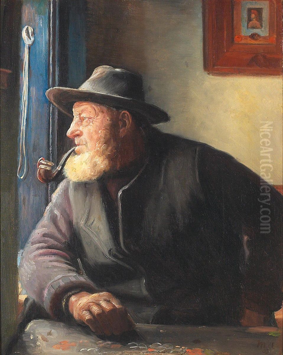 Interior with the fisherman Ole Svendsen at the window. Oil Painting by Michael Peter Ancher