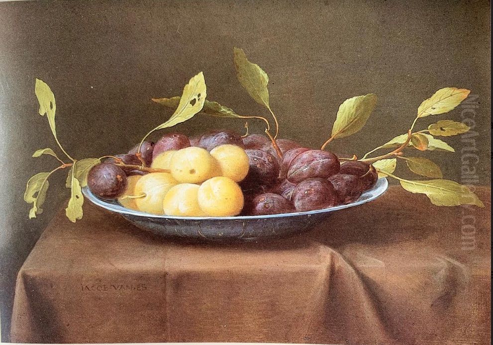 Plums in a Chinese dish Oil Painting by Jacob van Es