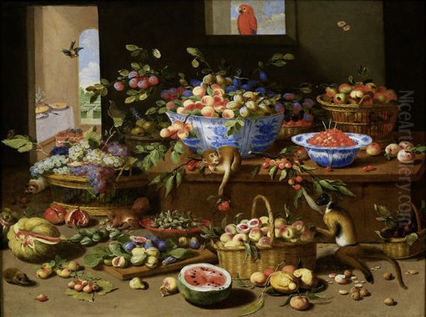 Basket and bowls of fruit with two monkeys. a squirrel, a macaw and two guinea-pigs Oil Painting by Jan van, the Younger Kessel