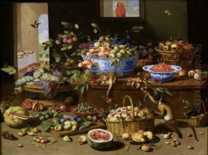 Basket and bowls of fruit with two monkeys. a squirrel, a macaw and two guinea-pigs
