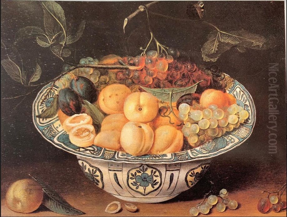Peaches, plums and grapes in a Wan-Li bowl Oil Painting by Jacob van Hulsdonck