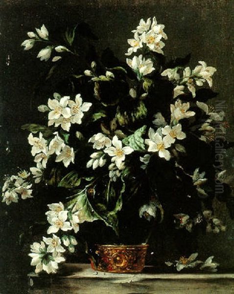 Bouquet of syringa in a glass vase resting on a ledge Oil Painting by Jean-Michel Picart