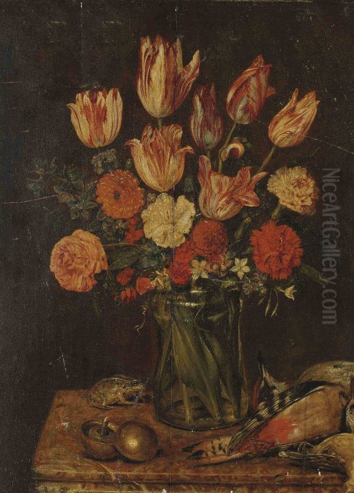 Flowers, frog and bird Oil Painting by Michel-Joseph Speeckaert