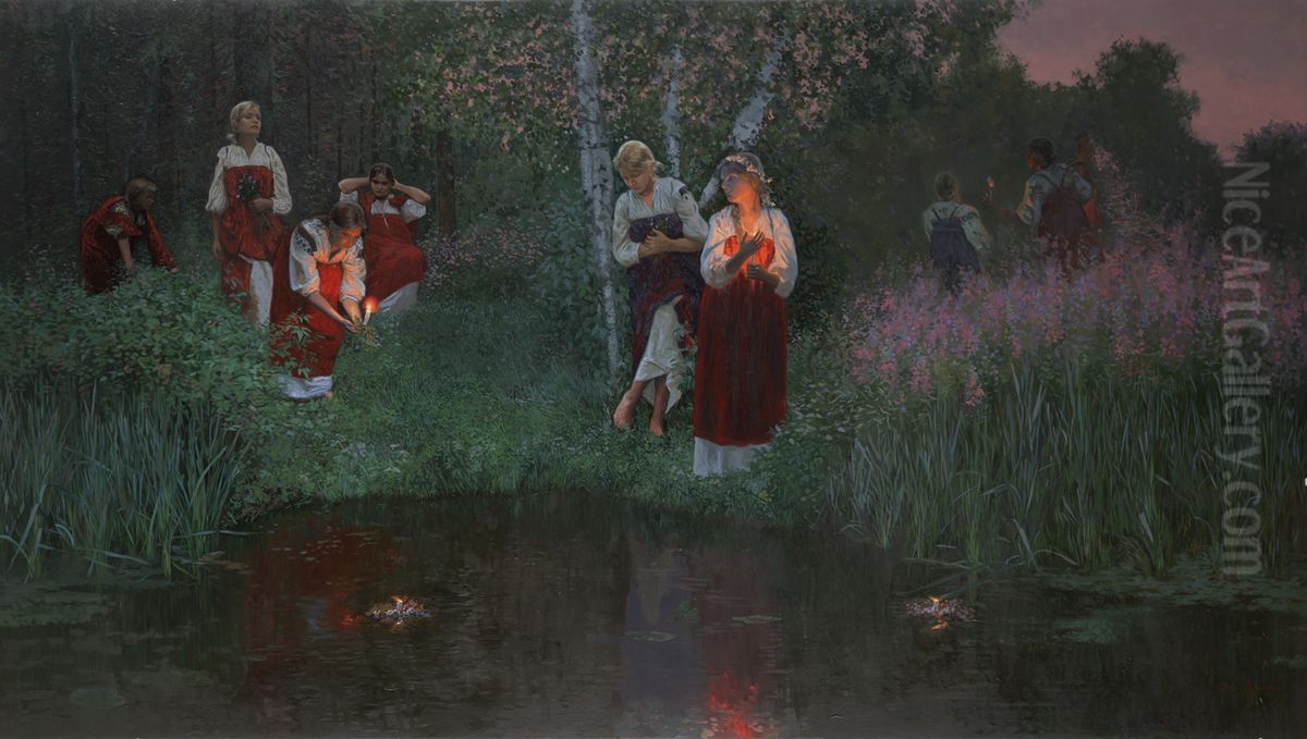 Ivan Kupala. Fortunetelling on the wreaths. Wood with levkas, oil. 85 x 150 cm. Oil Painting by Simon Kozhin