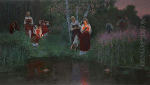 Ivan Kupala. Fortunetelling on the wreaths. Wood with levkas, oil. 85 x 150 cm.