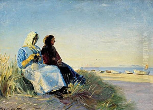 To fiskerkoner pa en klit ved Skagen Sonderstrand. Oil Painting by Michael Peter Ancher