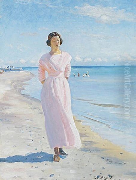 Ung kvinde i lyserod kjole pa Skagen Sonderstrand. Oil Painting by Michael Peter Ancher