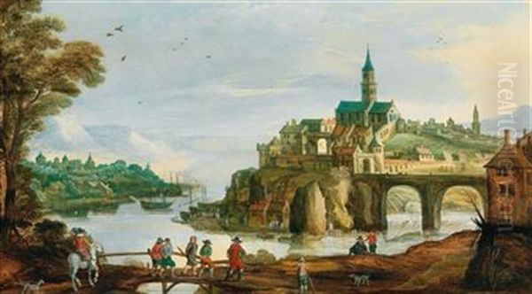 Landscape with a town on a river, possibly Treviso Oil Painting by Philips de Momper (I)