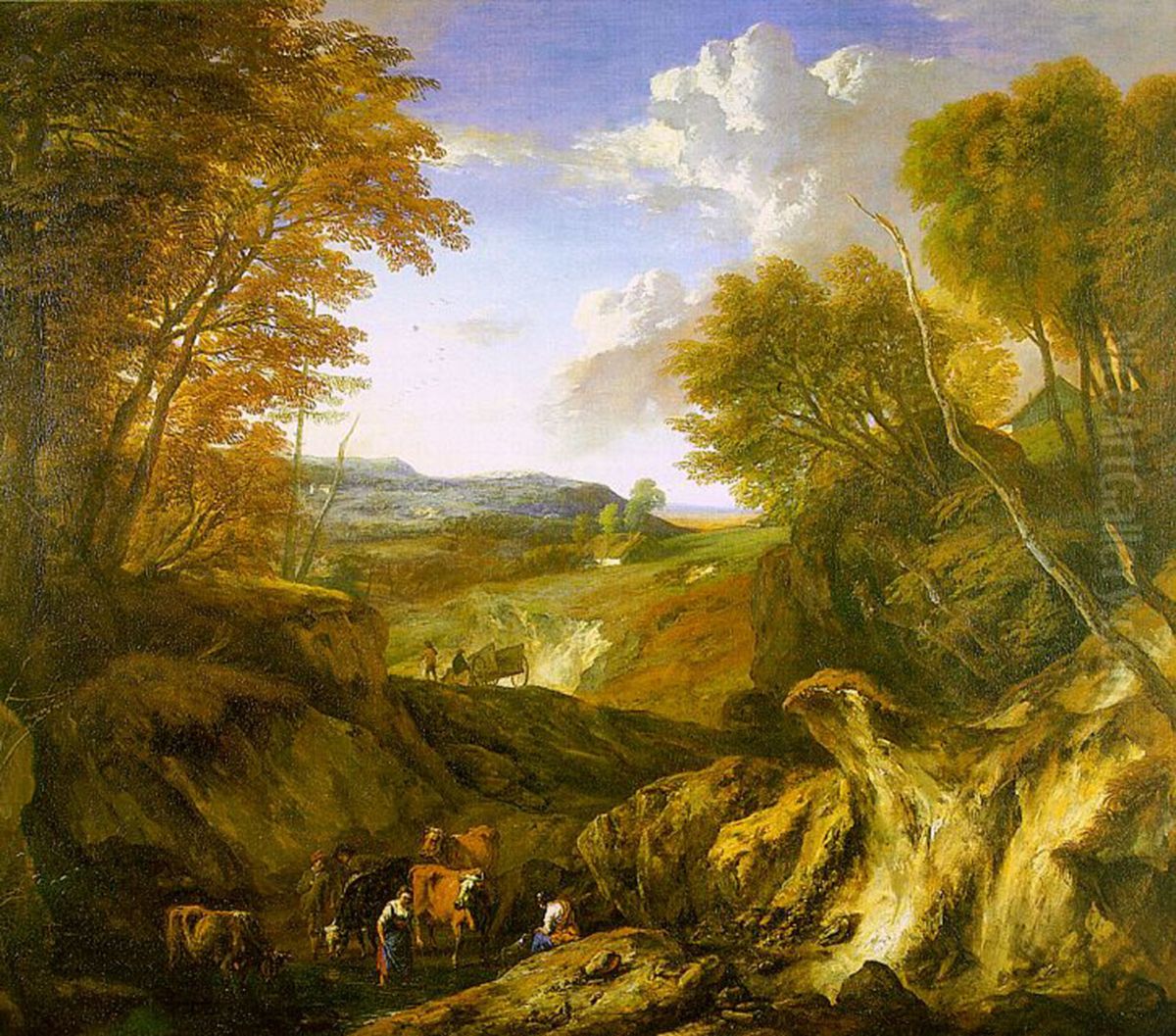 Heuvelachtig boslandschap met herders en vee bij een watertje Oil Painting by Cornelis Huysmans