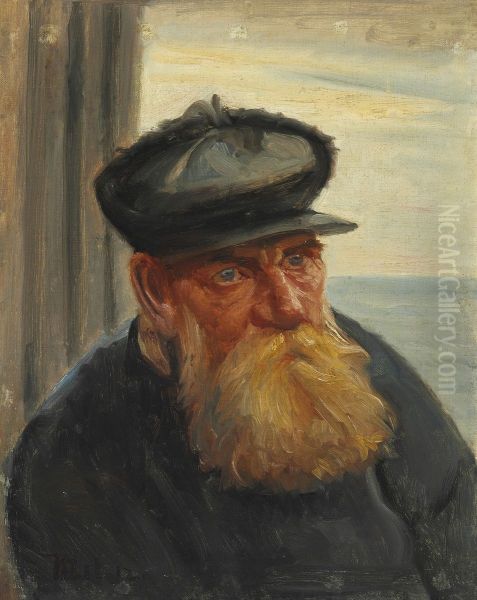 An old fisherman in a doorway with the sea in the background, Skagen Oil Painting by Michael Peter Ancher