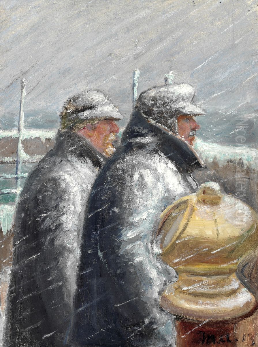 The pilot on the bridge, snowstorm. Oil Painting by Michael Peter Ancher