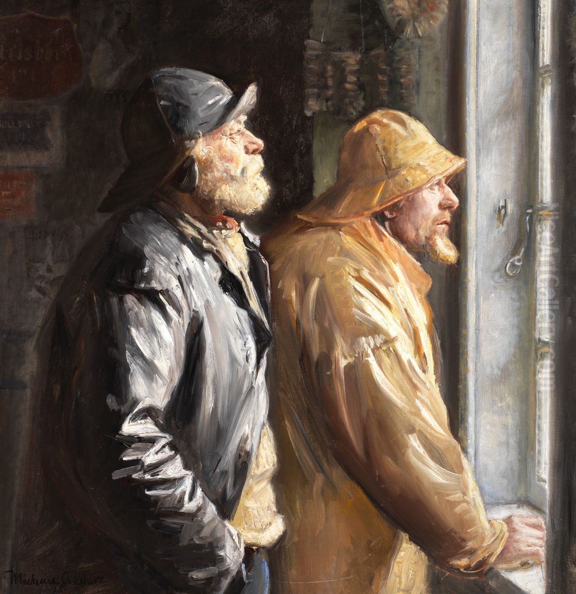 Two fishermen from Skagen at the window in the grocery Oil Painting by Michael Peter Ancher