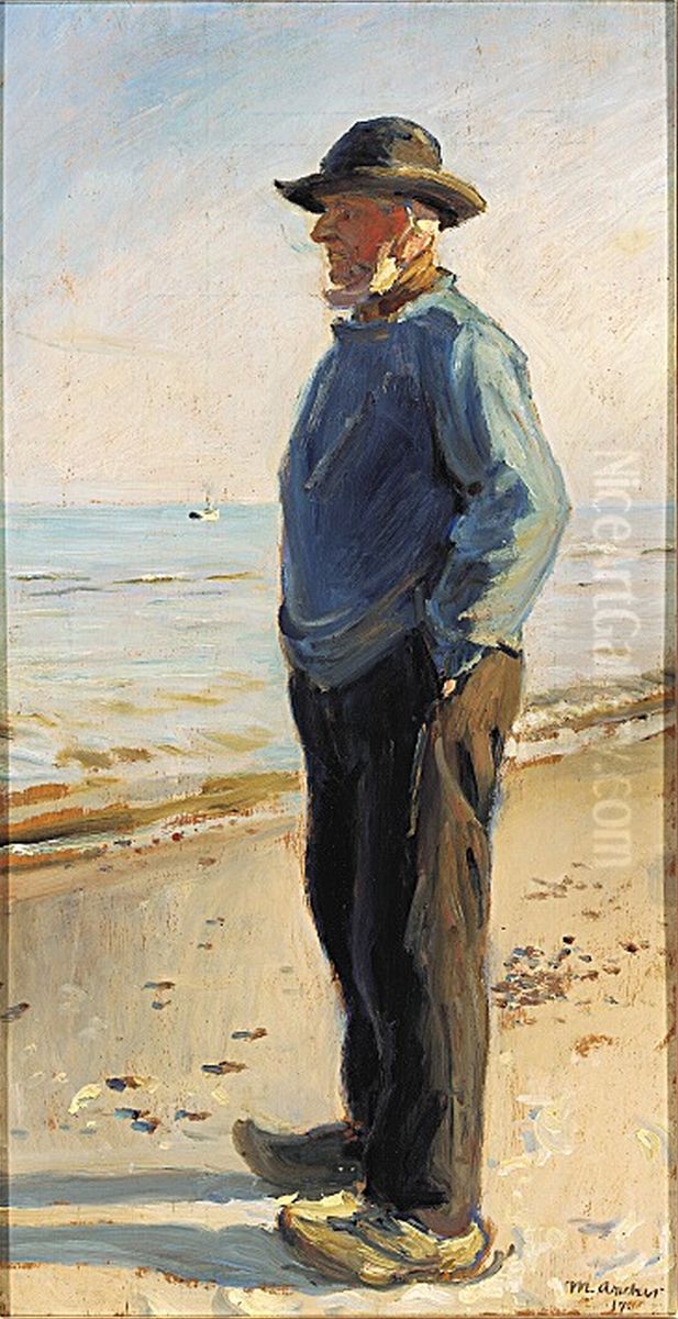 Skagensfisker i bla anorak staende pa stranden. Oil Painting by Michael Peter Ancher