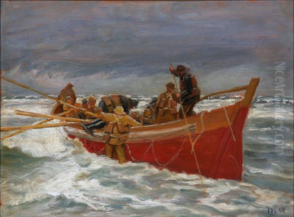 Den rode redningsbad sejler ud (Studie) Oil Painting by Michael Peter Ancher