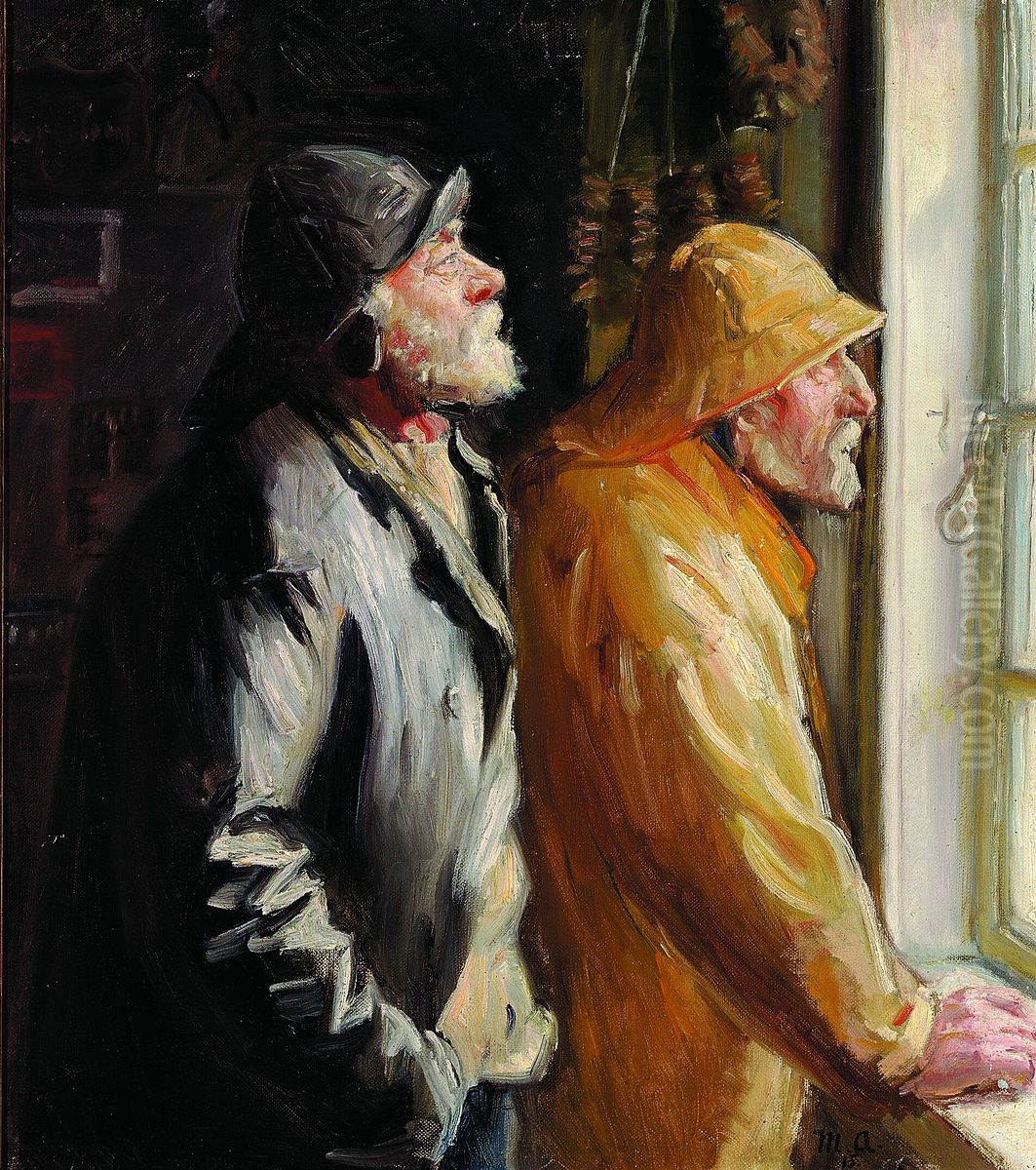 To fiskere i sydvest og regnjakker kigger ud af vinduet (studie) Oil Painting by Michael Peter Ancher