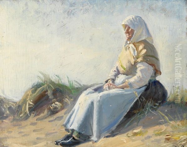 Anker Nelles kone siddende i klitterne, Skagen. Oil Painting by Michael Peter Ancher