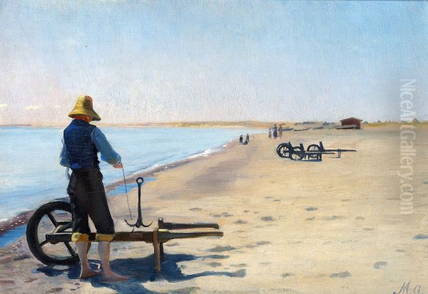 Ankeret repareres en sommerdag pa Skagen Strand. Oil Painting by Michael Peter Ancher