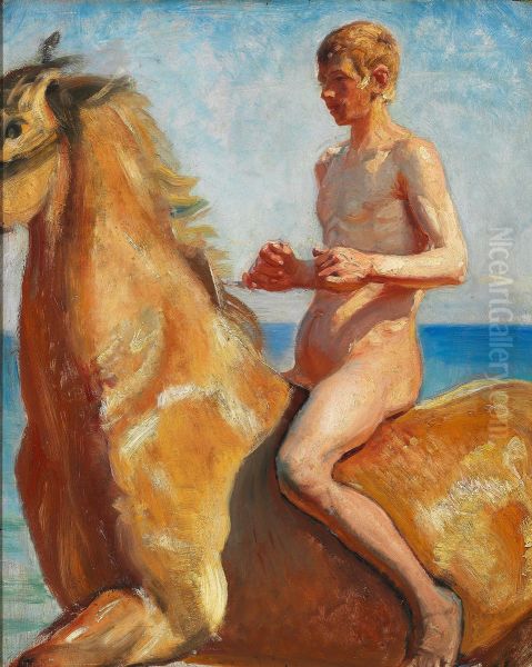 A young man riding a horse. Study. Oil Painting by Michael Peter Ancher