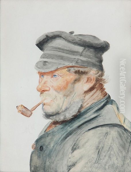 A fisherman with cap and pipe. Oil Painting by Michael Peter Ancher