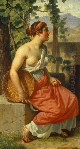 En hostpige i antik dragt med segl og kurv Oil Painting by Christoffer Wilhelm Eckersberg