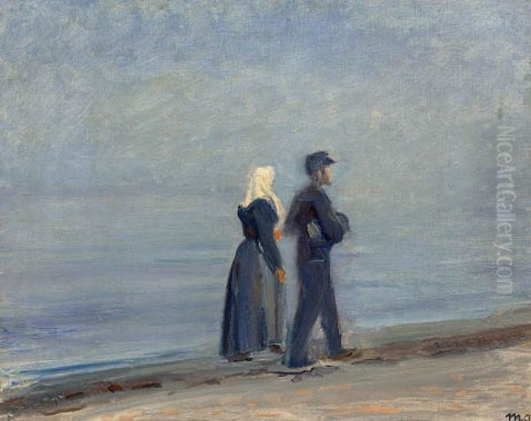 A fisherman and his wife walking along the beach of Skagen. Oil Painting by Michael Peter Ancher