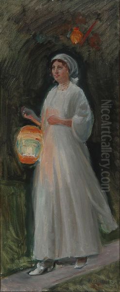 Fra en fest. En ung pige ankommer. Studie. Oil Painting by Michael Peter Ancher