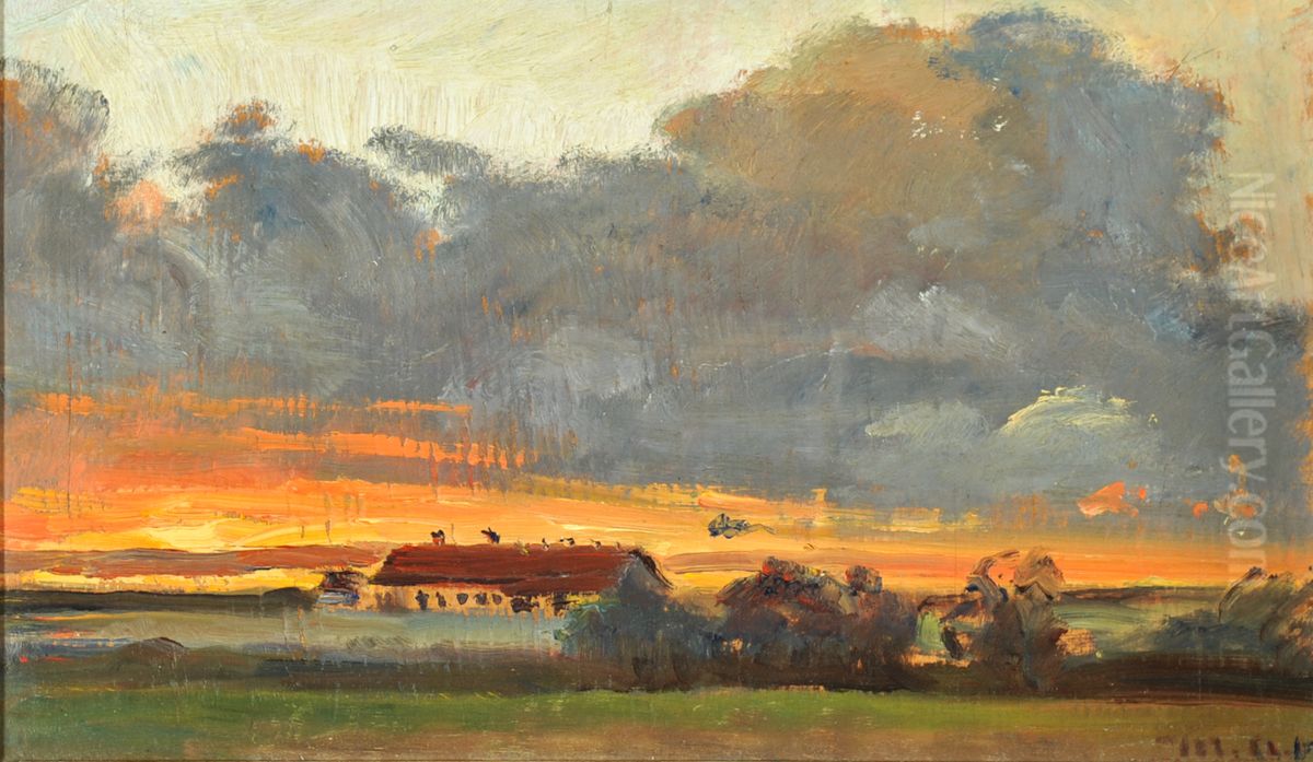 Sunset at Skagen with a view of Rytter Soren's farm. Oil Painting by Michael Peter Ancher