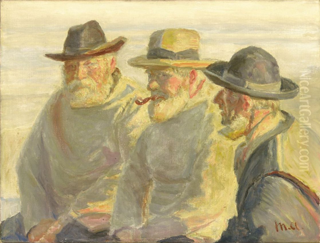 Tre fiskere pa stranden, Skagen. Oil Painting by Michael Peter Ancher