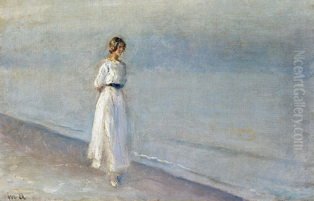 Young woman in a white dress at Skagen Sonderstrand. Oil Painting by Michael Peter Ancher