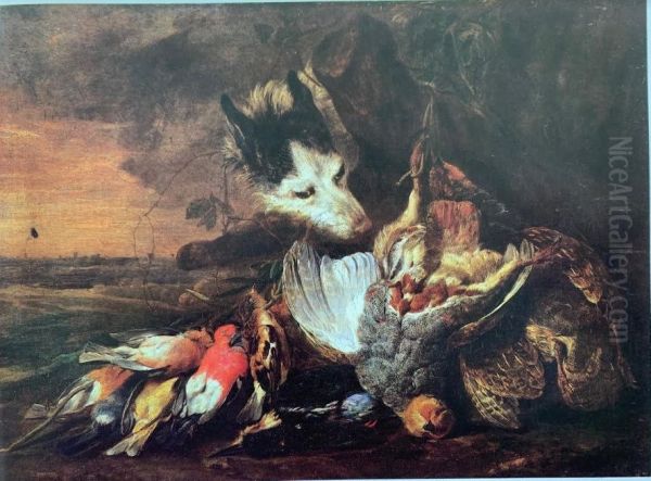 Still life of hunting game with a dog Oil Painting by Jan Fyt