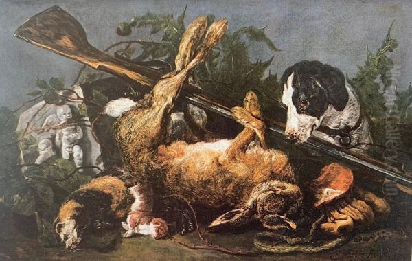Game still life in a landscape with dog Oil Painting by Jan Fyt